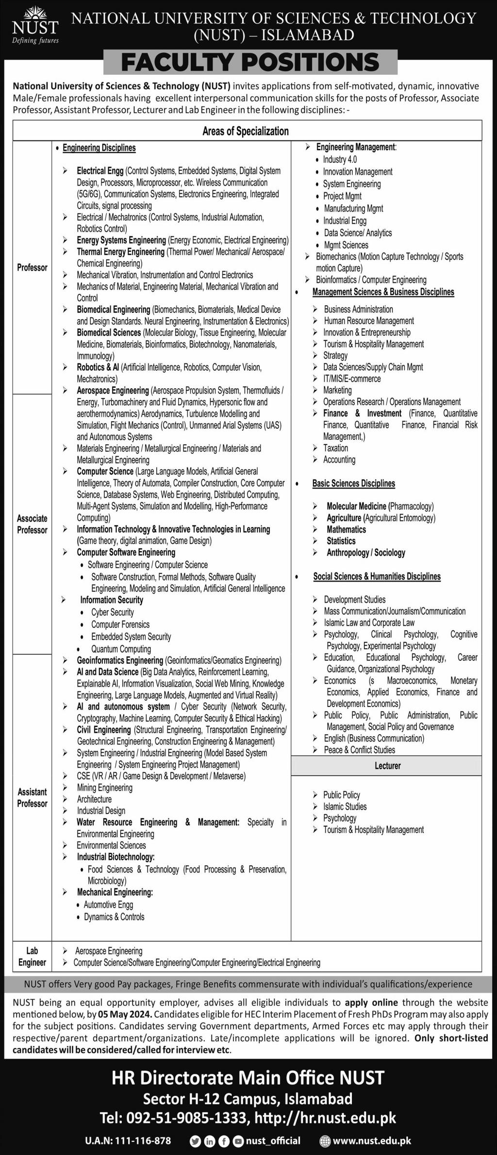 NUST of Islamabad Latest Jobs 20245 Online Apply