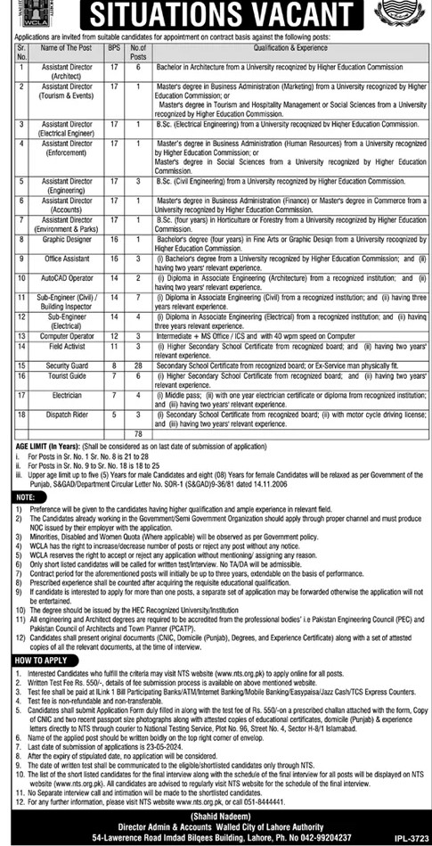 Walled City of Lahore Authority Jobs 2024 Advertisement