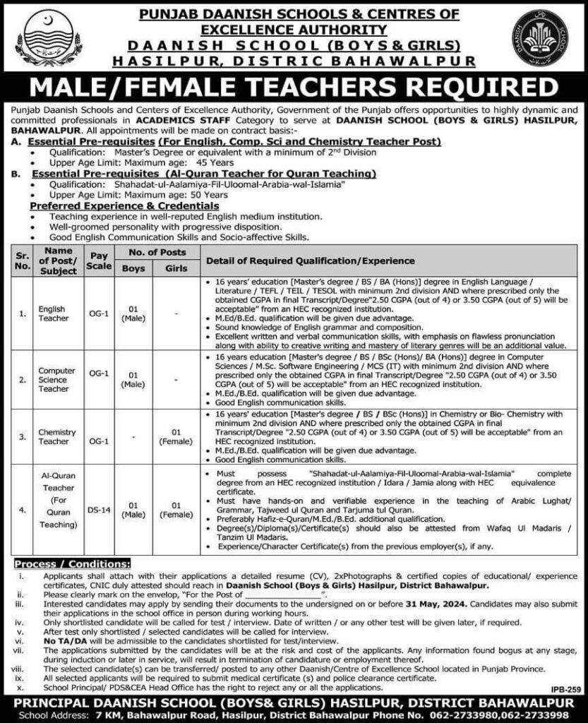 Danish School Hasilpur Jobs 2024 Advertisement