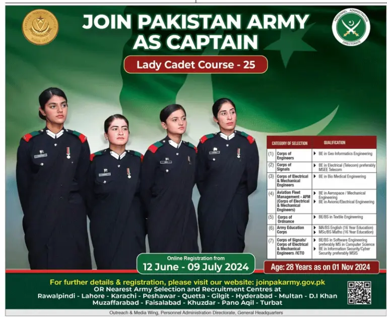 Join Pak Army as Captain Lady Cadet Course 25 batch 2024