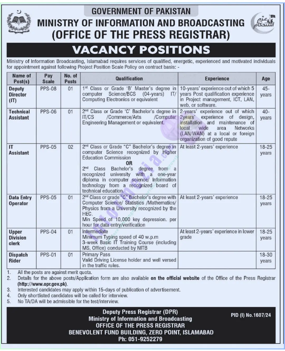 Ministry of information and broadcasting Islamabad jobs 2024 