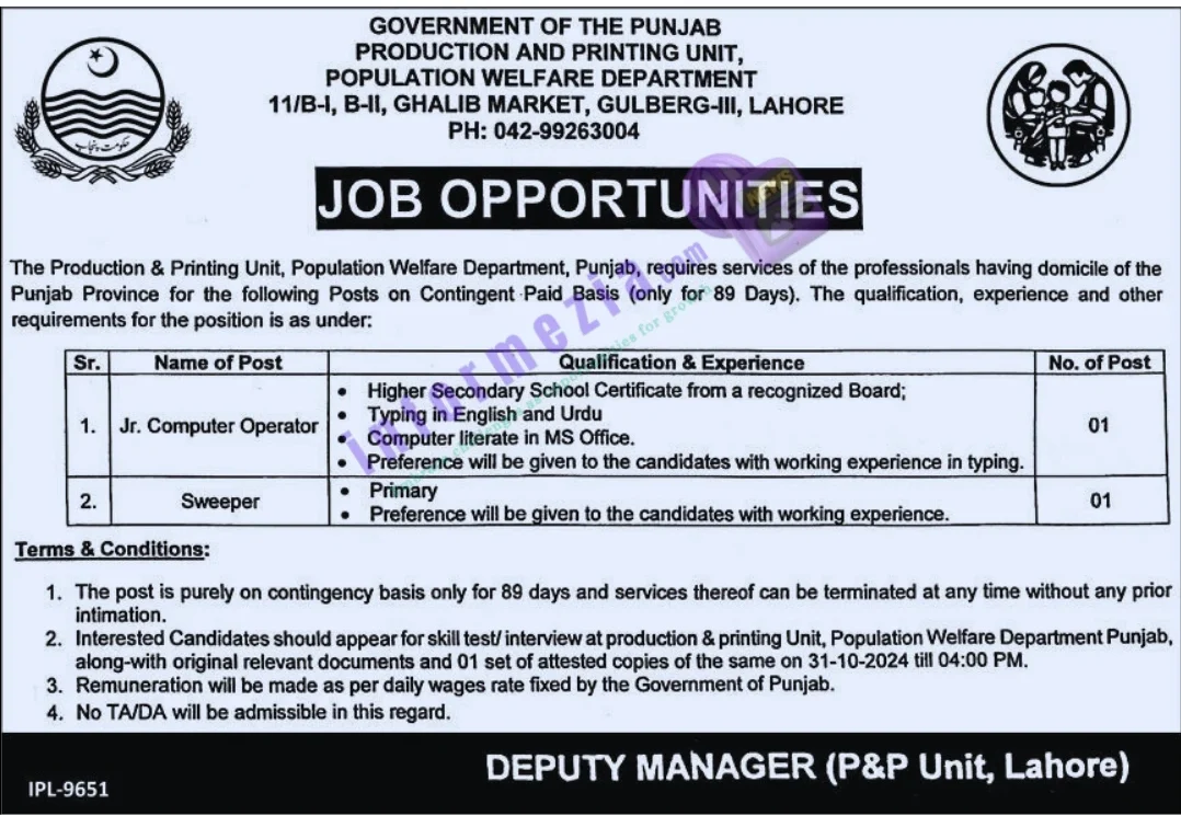 Punjab Population Welfare Department Jobs 2024