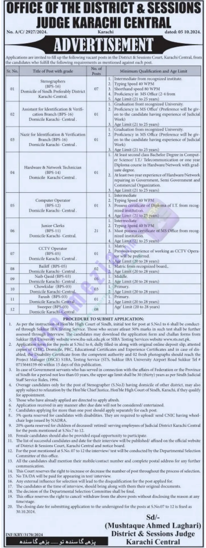 District & Sessions Judge office Jobs Karachi Central 2024