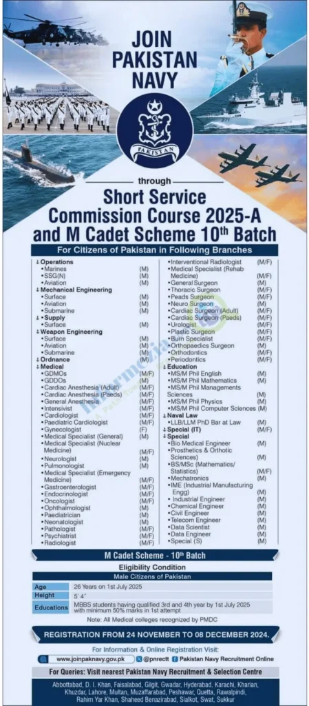 Pak Navy SSC Course 2025-A & M Cadet Scheme Batch 10 Online Registration