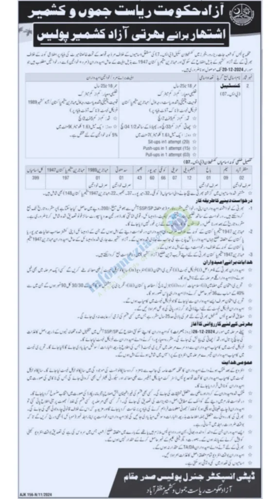 Azad Jammu and Kashmir AJK Constable Police Jobs 2024