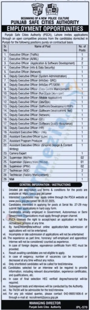 Punjab Safe Cities Authority PSCA Jobs 2025 Online Apply and Advertisment