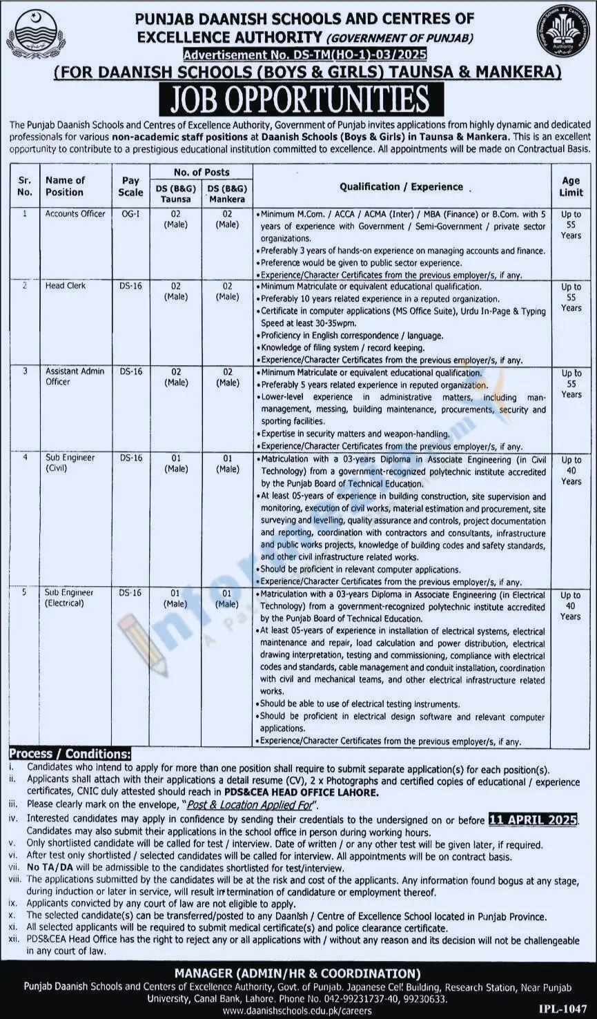 Punjab Danish School Jobs 2025 Advertisement