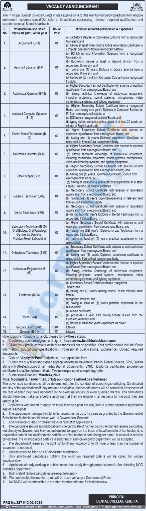 Dental College Quetta Jobs 2025 Online Apply