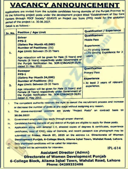 Women Development Department Lahore Jobs 2025 Last Date
