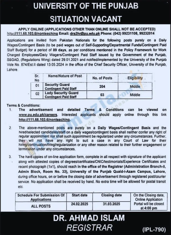 University of Punjab Security Guard Jobs 2025 Application Form