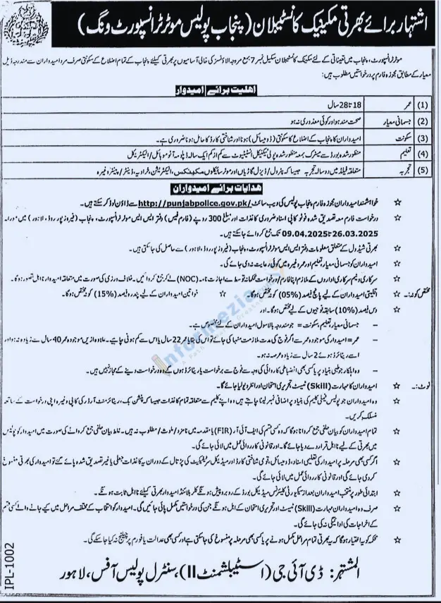 Punjab Police Motor Transport Wing Jobs 2025 Application From